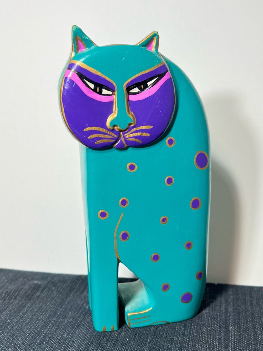 Laurel Burch Teal and Purple Stylized Cat Figurine